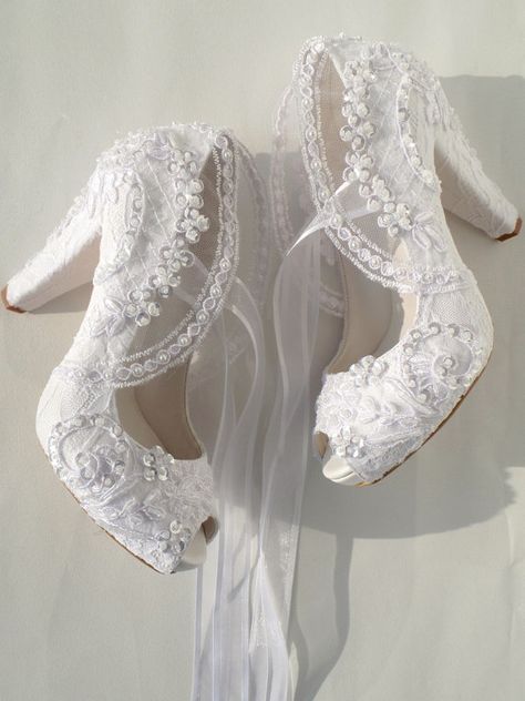 Wedding Shoes - Bridal Shoes Embroidered White Lace with Pearls and Ribbons, 4"Heels Trendy Wedding Shoes, Embellished Wedding Shoes, Winter Wedding Shoes, Bohemian Style Gown, Lace Bridal Shoes, Summer Wedding Shoes, Satin Wedding Shoes, Wedding Shoes For Bride, White Bridal Shoes