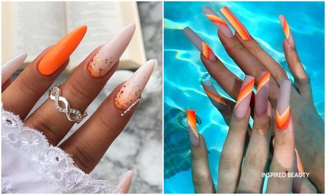 Orange nail designs are stunning and sometimes doesn't get the rating they deserve, here are some burnt orange nails to change your mind Summer Spring Nails, Acrylic Nail Coffin, Fall Halloween Nails, Nails Light Blue, Aesthetic Nail Art, Fall Nail Art Ideas, Bright Summer Nails Designs, Nail Coffin, Gradient Nail Design