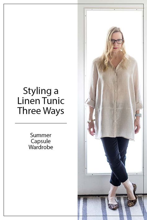 Styling Tunic Tops, White Linen Tunic Outfit, Tunic Outfits For Women, How To Wear A Tunic Top, Summer Tunic Outfits, Long Linen Shirt Outfit, How To Style Linen Shirt Women, How To Wear Tunic Tops Outfits, Linen Tunic Outfit