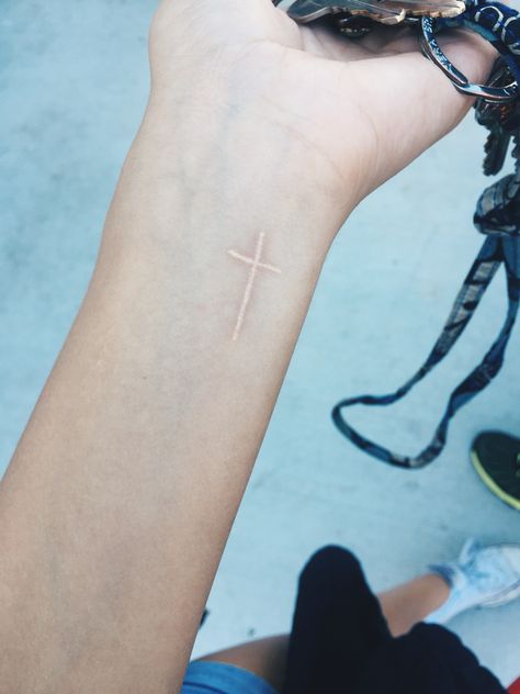 Simple White Ink Tattoos, White Ink Cross Tattoo, Delicate Cross Tattoo, White Ink Hand Tattoo, Small White Ink Tattoo, White Cross Tattoo, Minimalist Cross Tattoo, White Tattoos For Women, Wrist Cross Tattoo