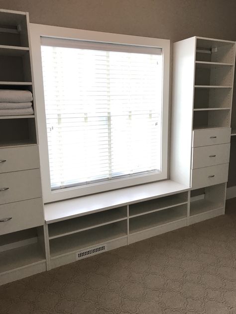 Master Closet Shelving under window. This window is bigger than ours. Window In Closet, Master Closet Shelving, Closet With Shelves, Closet Conversion, Closet Shelving, Double Window, Window Shelves, Shoe Shelves, Bedroom Window