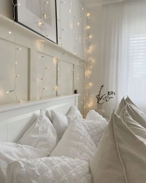 Light & Bright: A Gallery of All-White Bedrooms | Apartment Therapy Fairy Lights Bedroom Wall, Fairy Lights On Wall, California Bedroom, Fairy Lights Room, White Bedrooms, White Bedroom Ideas, Monochromatic Room, All White Bedroom, Fairy Lights Decor