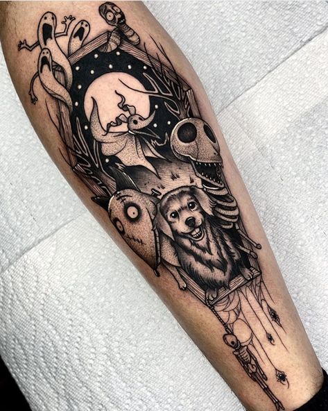 50+ Spooky Halloween Tattoo Ideas - The XO Factor Tim Burton Dogs, Jack Skellington Tattoo, Halloween Tattoo Ideas, Halloween Tattoos Sleeve, Tim Burton Tattoo, Globe Tattoos, Line Tattoo Ideas, Tribute Tattoos, Traditional Style Tattoo