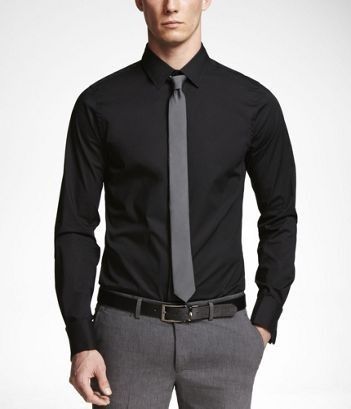 Black shirt. Gray tie. Gray pants. Formal wear. Groomsmen Husband Outfits, Wedding Tuxes, Express Clothing, Black Shirt Outfits, Grey Pants Men, Express Outfits, Shirt Outfit Men, French Cuff Shirts, Slim Tie