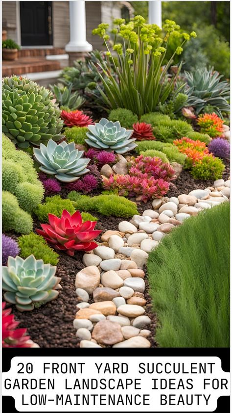 Front yard garden with various colorful succulents and decorative rocks, showcasing low-maintenance landscaping ideas. Colorful Cactus Plants, Front Desert Landscaping Ideas, Succulents Garden Landscape Front Yards, Green Desert Landscaping, Retaining Wall Succulent Garden, Outdoor Succulent Garden Ideas, Large Front Yard Landscaping Design, Succulents Outdoor Landscape, Succulent Garden Ideas Outdoor