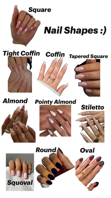 Nails are very complex, you can do different shapes and styles. This is most of them for Inspo ❤️ Nail Shapes For Wide Nails, Nail Type Shape, Long Nails Shapes, Medium Nail Shapes, Type Of Nail Shapes, Sharp Nails Short, Baddie Nails Almond Shape, Nail Type Chart, Fake Nail Shapes