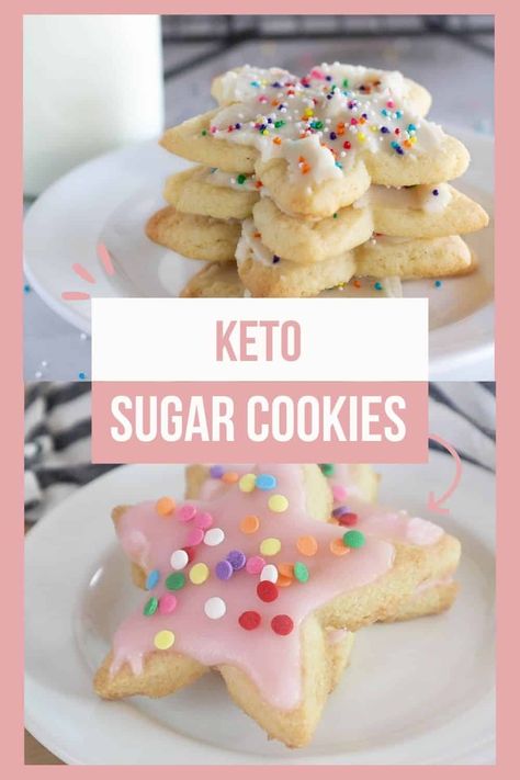 These are the absolute best keto sugar cookies with icing! They have a soft and chewy center with a slightly crisp edge and can be made big and soft or used to make cut-out cookies that hold their shape well. Sugar Free Sugar Cookies, Cookie With Frosting, Nut Free Keto, Sweet Buttercream Frosting, Keto Sugar Cookies, Sugar Free Christmas Cookies, Low Carb Christmas Cookies, Roll Out Sugar Cookies, Low Carb Christmas