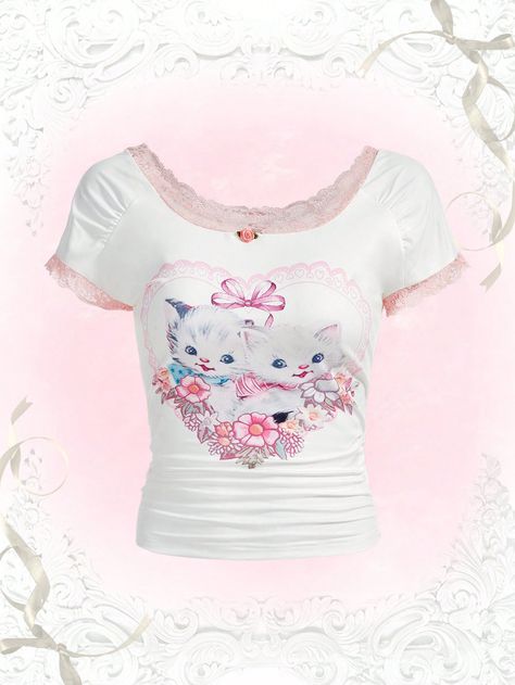 ROMWE Kawaii Cartoon Cat Graphic Contrast Lace Appliques TeeI discovered amazing products on SHEIN.com, come check them out! Kawaii Goth Clothes, Clothes On Shein, Kawaii Shirt, Applique Tee, Cartoon Tops, Applique Top, Cat Kawaii, Kawaii Cartoon, Design Clothes