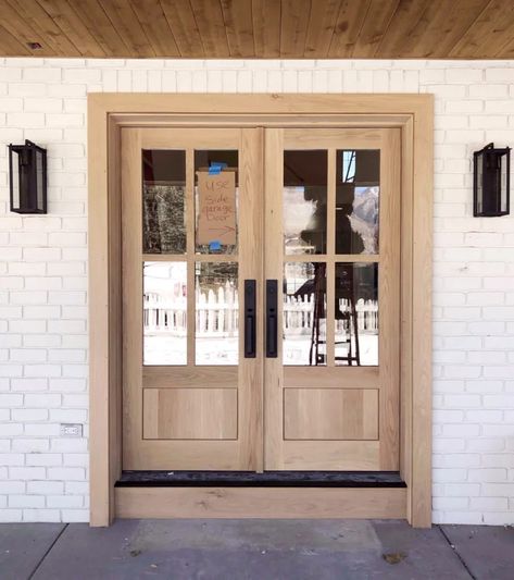 Farmhouse Double Front Door, Farmhouse Reno, Farmhouse Kitchen Lighting, Beautiful Front Doors, Affordable Interior Design, Exterior Renovation, Hill Interiors, Modern Farmhouse Exterior, Farmhouse Exterior