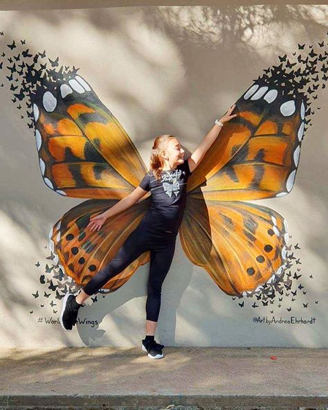 I want to feel as magical as this little girl feels posing with these butterfly wings #SouthAfrica #WorldWideWings  Does anyone know the official name of this specific butterfly?  Hint: It’s pretty prominent in South Africa Butterfly Wings Mural, Wings Mural, Angel Wings Wall Art, Angel Wings Art, Selfie Wall, Garden Mural, Angel Wings Wall, School Murals, 강아지 그림