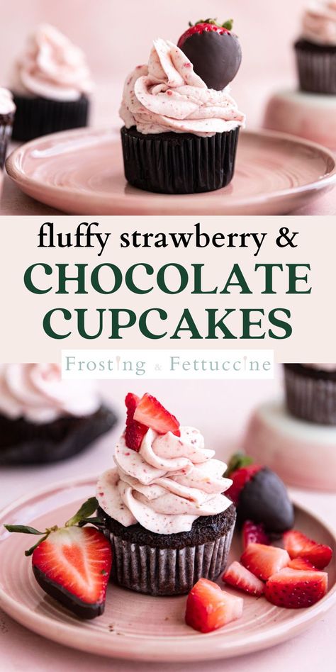 These homemade chocolate cupcakes with strawberries have a moist chocolate cake and are topped with a bright strawberry buttercream frosting. Garnish them with fresh strawberries or chocolate covered strawberries. You'll love this fun chocolate cupcake recipe with strawberry frosting! Chocolate Dipped Strawberry Cupcakes, Chocolate Cupcake With Buttercream Frosting, Dark Chocolate Strawberry Cupcakes, Chocolate And Strawberry Cupcakes, Tasty Cupcakes Recipes, Strawberry Filled Chocolate Cupcakes, Chocolate Cupcakes With Strawberry Icing, Neopolitan Cupcakes Recipe, Fun Chocolate Cupcakes