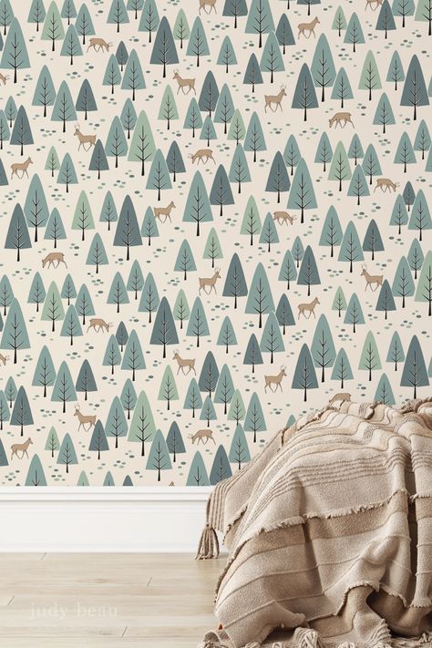 Embark on a woodland romp with playful Forest Deer wallpaper. Illustrated with a casual feel and a bit of retro vibe, this design speaks to young hearts and invites a sense of adventure. Thoughtfully and sustainably printed on high-quality wallpapers. Cabincore Wallpaper, Woodsy Wallpaper, Colorado Wallpaper, Wallpaper Forest, Deer Wallpaper, Geometric Trees, Forest Deer, Mountain Wallpaper, Commercial Wallpaper