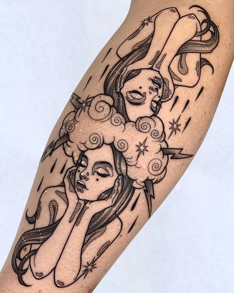 Libra Witch Tattoo, Storm Clouds Tattoo, Goth Virgo Tattoos, Gothic Virgo Tattoo, Astrology Goddess Tattoo, Aries Tarot Card Tattoo, Clouds Tattoo, Cloud Tattoo Design, Tattoo Garden