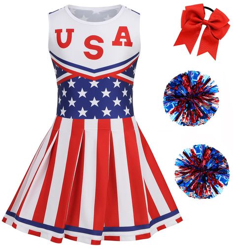 PRICES MAY VARY. Package include: Dress, Hair bows and Pompoms (3-pcs set) Size Guide: 4-5 Years (120), 6-7 Years (130), 8-10 Years (140), 10-12 Years (150), 13-14 Years (160) This Kids cheerleader costume features a one-piece dress that print with star and stripes, and an "USA" sign printed below the crow-neck. Cute Patriotic cheerleading uniform for Girls. Matching with a red hair bow and a pair of pompoms, perfect to wear it on 4th of July Independence Day. Occasions: July fourth celebrations Cheerleader Costume Halloween, Kids Cheerleading, Girls Cheerleader Costume, Usa Costume, Red Hair Bow, Baby Costumes Girl, Cheerleader Costume, Cheerleading Uniforms, July Fourth