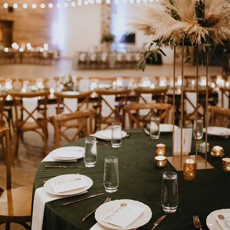 Hunter Green Linens Wedding, Velvet Tablescape, Wedding Tablescapes Round, Light Wood Chairs, Hunter Green Wedding, Gold Votive Candles, Candle Votives, Wedding March, Black Tablecloth