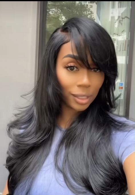 Weave With Side Bangs, Layered Sew In Hairstyles, Jet Black Side Part Quickweave, Long Hair Weave Styles For Black Women, Aaliyah Layered Hair, Side Bang Sew In, 90s Layered Wig, Side Part Sew In Layers, Side Bang Black Women