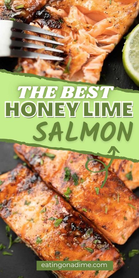 Honey lime salmon - easy honey glazed salmon recipe Honey Lime Salmon, Salmon Recipes Healthy, Best Salmon Recipes, Lime Salmon Recipes, Honey Glazed Salmon Recipe, Best Salmon Recipe, Salmon Glaze Recipes, Fitness Meals, Recipes Seafood