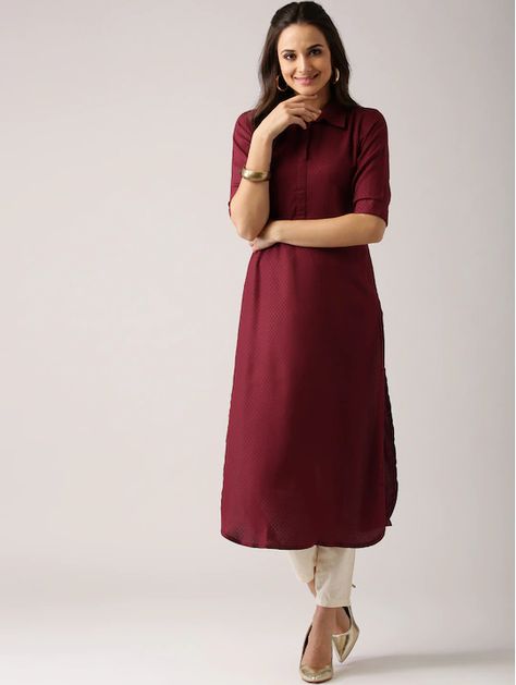 Libas Women Maroon Woven Design Pathani Kurta Collared Kurti, Plain Kurti, Lounge Wear Sets, Kurta Women, Kurtas For Women, Kurta Style, A Line Kurta, Plain Dress, Embellished Blouse