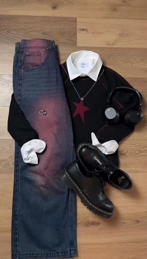 Masc Fashion Aesthetic, Dark Masculine Outfits, Ropa Y2k Hombre, Funky Outfits Men, Streetwear Outfit Ideas Men, Pdp Aesthetic, Male Outfit Ideas, Jeans Aesthetic, Designer Outfit