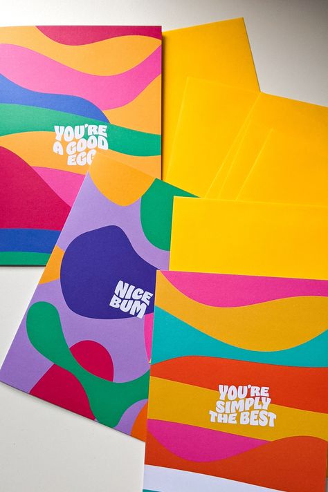 Rainbow Packaging, Gift Branding, Card Branding Design, Bright Color Design, Kids Package, Yellow Envelope, Brand Inspiration Board, Graphic Design Brochure, Colourful Designs