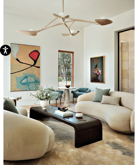 Sofas In Living Room, Julep Sofa, Curved Sofas, Luxe Magazine, Midcentury Interior, Modern Contemporary Living Room, Pearl Chandelier, Interior Design Guide, Austin Homes