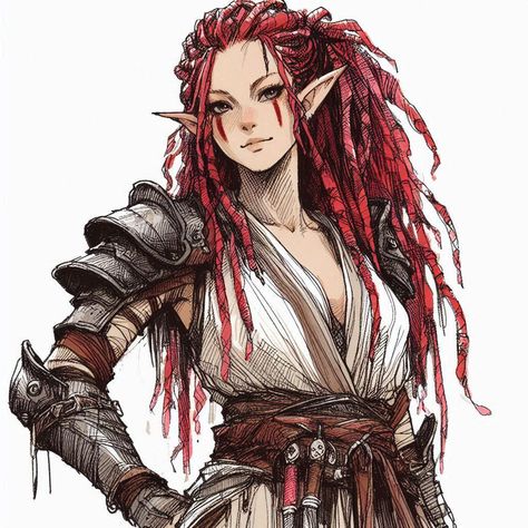 Red-haired elf warrior. Character design. Open clothes. Strict look. Fantasy. Made by AI. Dnd Oc Female, Female Dnd Character, Fantasy Tribe, Christmas Elf Art, Weiblicher Elf, Red Dreadlocks, Elf Female, Dnd Elves, Elf Characters