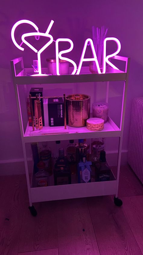 Bar Cart For Apartment, Apartment Alcohol Bar, Small Alcohol Bar For Home, Woman Cave Basement, Woman Cave Aesthetic, Restroom Picture Ideas, Drinking Room Ideas, Small Girly Apartment, College Basement Ideas