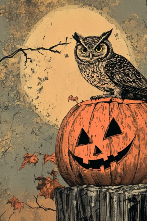 Capture the essence of Halloween with this enchanting vintage illustration featuring an owl perched on a jack-o'-lantern under the full moon. Perfect for adding a nostalgic, spooky vibe to your Halloween décor or as a unique gift for someone who loves vintage art. Thanksgiving Pics Vintage, Owl Halloween Art, Owl Wallpaper Iphone, Halloween Owl Painting, Halloween Old Picture Painting, Old Halloween Postcards, Vintage Halloween Postcards Free Images, Vintage Halloween Posters, Vintage Halloween Owl Illustration