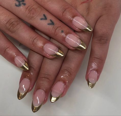 Almond Shape Gold French Tip, Half Gold Nails, Gold Chrome French Tip Nails Almond, Chrome Tips Almond Nails, Gold Almond French Tip Nails, Almond Gold French Tip Nails, Tapered Almond Nails, Chrome Almond French Tip, Gold French Tip Almond Nails