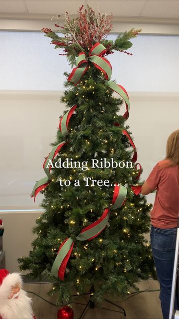 Ribbon Toppers For Christmas Trees, Christmas Tree Ribbon Tree Topper, Tulle Tree Garland, Christmas Tree No Ribbon, Christmas Tree With Ribbon Topper, Apply Ribbon To Christmas Tree, Waterfall Ribbon On Christmas Tree, How To Add Ribbon To Christmas Garland, Christmas Tree Ribbon Topper Diy