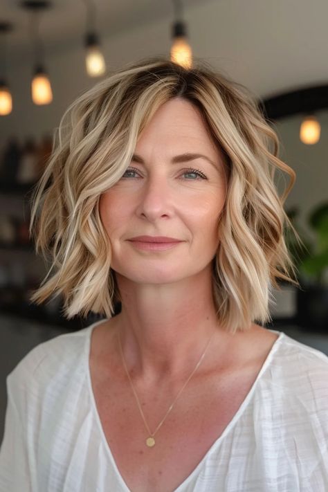 Short Hair Length Styles For Women, Wavy Bob Side Bangs, Mid Length Choppy Bob, Medium And Short Haircuts, Choppy Bob Hairstyles Messy Lob Over 50, Bobs With Curls, Bob Wave Hairstyles, Short Bob With Waves, Beach Bob Hairstyles