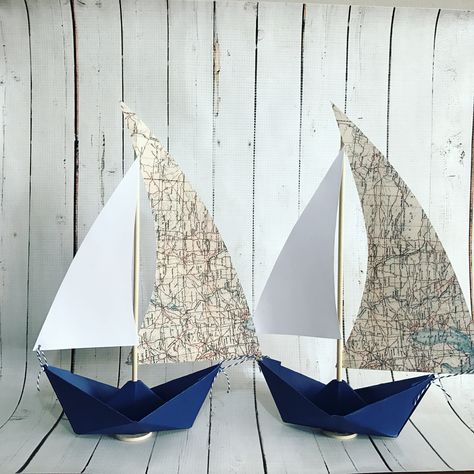 Paper sailboats by Msapple Sailing Decorations, Paper Sailboats, Sailing Decor, Deco Marine, Origami Boat, Bible Doodling, Alternative Christmas Tree, Map Travel, Paper Boat