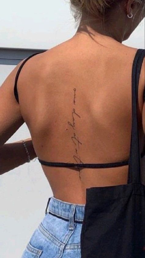 Fine Line Tattoo Ideas Back, Celebrity Back Tattoos, Centre Back Tattoo, Spine Tattoos For Women Design, Center Back Tattoo Women Upper, Back Tatooed Girl Aesthetic, I Am My Own Muse Tattoo, Back Tattoo Women Words, Mid Spine Tattoo