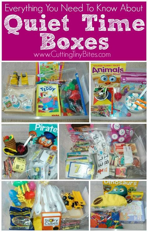 Everything You Need To Know About Quiet Time Boxes.  Why to use them, how to make them, what to put in them, and more! Quiet Bins Kindergarten, Quiet Bins, Quiet Boxes, Quiet Time Boxes, Tiny Bites, Home Preschool, Activity Bags, Quiet Time Activities, Busy Boxes