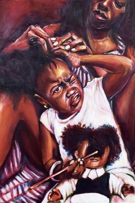 Digital print of one of my childhood memories, my mom doing my hair on the floor and me being between her legs. I created this with acrylic paint on stretch. This Digital print beautifully illustrates Caribbean culture and natural black hair. Its a  perfect gift for mom's birthday or for mother's day, makes a great addition to any room in the house. Museum-quality posters made on thick and durable matte paper. Add a wonderful accent to your room and office with these posters that are sure to bri Black Mother Painting, Hair On The Floor, Art Black Love, Doing My Hair, Character Collage, Hair Digital, My Childhood Memories, August Wilson, Natural Black Hair