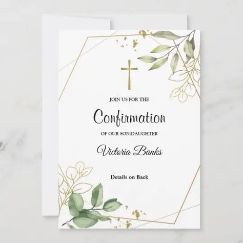 Greenery Gold Confirmation Invitation | Zazzle.com Confirmation Invitation, Confirmation Party, Confirmation Cards, Confirmation Invitations, First Communion Invitations, Communion Invitations, Baptism Invitation, Baptism Invitations, Invitation Card Design