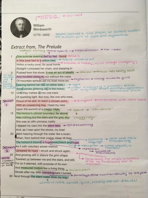 Extract From The Prelude Poem Analysis Gcse, English Literature Study Aesthetic, Prelude Annotations, Gcse English Literature Revision, Revision Notes English Literature, Gcse English Poem Analysis, The Prelude Annotations, Extract From The Prelude Annotations, English Revision Aesthetic