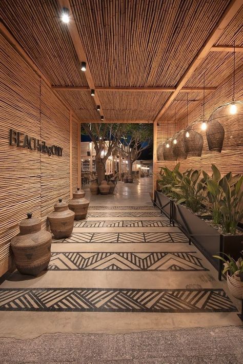 Entrance Cafe Design, Bamboo Restaurant Interior Design, Boho Style Restaurant, Small Shop Interior, Beach Resort Design, Bamboo Restaurant, Bar Lounge Design, Restaurant Entrance, Cafe Exterior