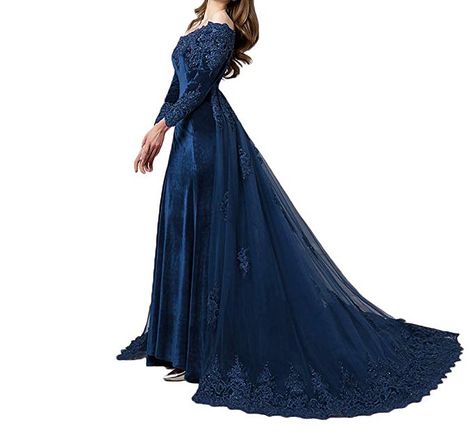 LEJY Vintage Long Sleeves Velvet Evening Gown Off The Shoulder Wedding Dress with Detachable Train Blue-2 Wedding Dress With Detachable Train, Ballroom Blitz, Dress With Detachable Train, Slavic Style, Velvet Evening Gown, Velvet Evening Dress, Off Shoulder Evening Dress, Detachable Train, Lace Evening Gowns