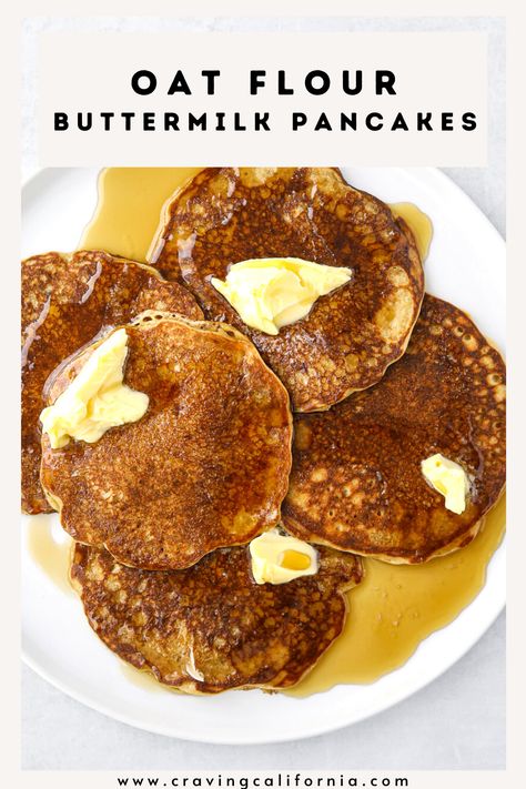 These light and fluffy buttermilk pancakes have a secret ingredient in them... oat flour! Oat flour is made by grinding rolled oats onto a fine, powdery flour that's gluten-free and delicious. These healthy pancakes are perfect for a cozy weekend brunch or breakfast! Gluten Free Buttermilk Pancakes, Egg Free Pancakes, Flourless Pancakes, Oat Flour Pancakes, Fluffy Buttermilk Pancakes, Oat Flour Recipes, French Toast Waffles, Buttermilk Pancakes Fluffy, Paleo Gluten Free Recipes