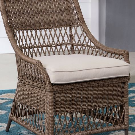 allen + roth Maitland Set of 2 Wicker Brown Steel Frame Stationary Dining Chair with White Cushioned Seat in the Patio Chairs department at Lowes.com Wicker Patio Table And Chairs, Wicker Porch Furniture, Front Porch Chairs, Modern Wicker Furniture, Outdoor Rattan Furniture, Cottage Outdoor, Cottage Cozy, Porch Chairs, Antique Wicker