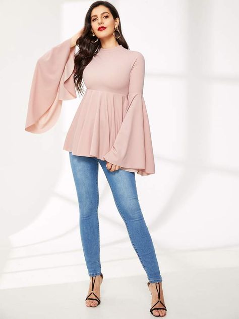 Shein Exaggerate Bell Sleeve Peplum Top Long Peplum Top, Top Photoshoot, Peplum Top Outfits, Floral Skirt Outfits, Outfits Curvy, Ganpati Decoration, Extra Long Sleeves, Spring Shirts, Shein Style