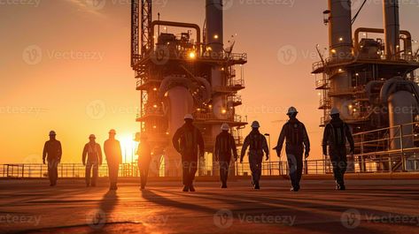 Team of oil workers walking out of oil rig on desert silhouette at sunset, power industry machines for producing petroleum gas. Generative Ai Oil And Gas Industry Wallpaper, Oil Rig Workers, Desert Silhouette, Oil And Gas Industry, Workers Day, Hanuman Chalisa, Oil Refinery, Walking Out, Oil Industry