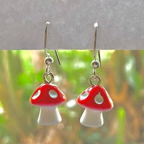 Red Earrings Aesthetic, Summer Mushroom, Witchy Earrings, Magical Mushroom, Cottage Core Fairy, Fairy Earrings, Urban Outfitters Jewelry, Red Mushroom, Mushroom Earrings