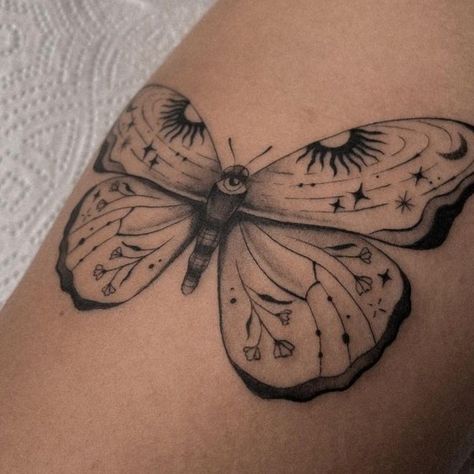 Butterfly Tattoo Stars, Whimsical Moth Tattoo, Celestial Butterfly Tattoo, Spiritual Butterfly Tattoo, Butterfly Sun Tattoo, Ornamental Butterfly Tattoo, Butterfly Tattoo Black And White, Vintage Frame Tattoo, Secret Tattoo