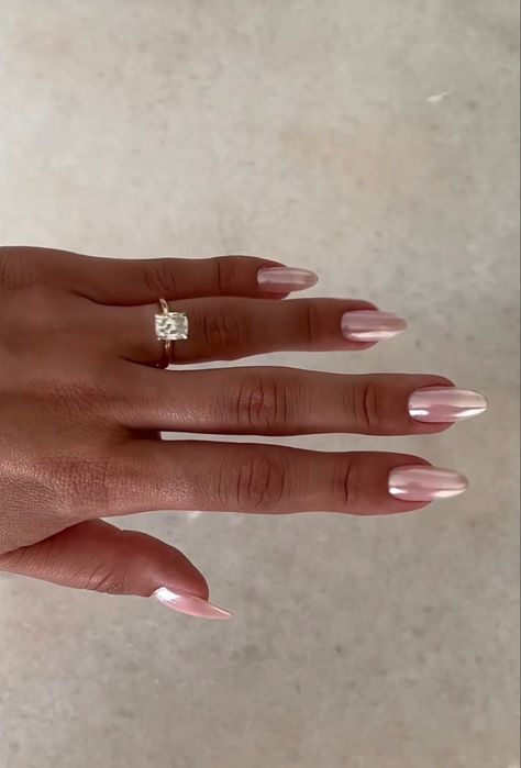 Simple Light Pink Almond Nails, Chrome Pale Pink Nails, Nails That Match Pink Dress, Soft Pink Nails With Chrome, Light Pink With White Chrome Nails, Pink And Silver Nails Almond, Pink Chrome Short Almond Nails, Pearl Chrome Nails Coffin, Ballerina Pink Chrome Nails