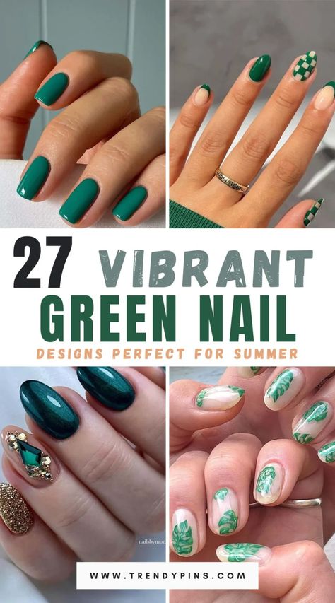 Elevate your summer style with 27 stunning green nail designs. From vibrant lime shades to elegant emerald hues, discover a variety of chic and trendy looks perfect for any occasion. Get inspired by unique patterns, glossy finishes, and creative nail art that will make your manicure stand out all season long. Green Nail Art Designs, Fall Leaves Nail Art, Emerald Nails, Neon Green Nails, Chic Nail Designs, Pastel Nails Designs, Green Nail Art, Green Nail Designs, Green Nail