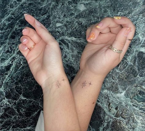 Two Sparkle Tattoo, North Star Matching Tattoos, Stars On Ankle Tattoo, Small Twinkle Tattoo, Sparkle Tattoo On Finger, Sparkle Star Tattoo Hand, Small Star Wrist Tattoos, Mini Sparkle Tattoo, Matching Sparkle Tattoo