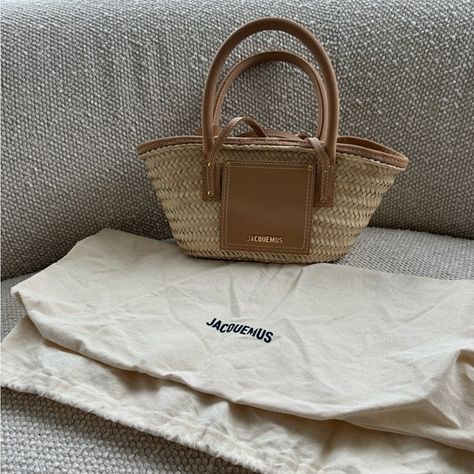 Jacquemus Le petit panier Soli Mini beach basket bag Beach Basket, Jacquemus Bag, Hand Woven Baskets, Basket Bag, Strap Tops, Palm Leaf, Metallic Logo, Flap Pocket, Beach Bag