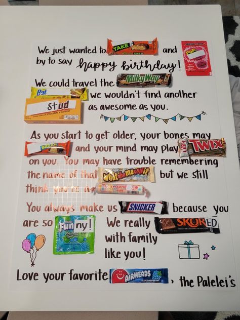 Candy bar card for brother Candy Bar Poems, Candy Bar Cards, Birthday Candy Poster, Candy Birthday Cards, Candy Posters, Candy Notes, Bff Quizes, Homemade Birthday Gifts, Candy Letters